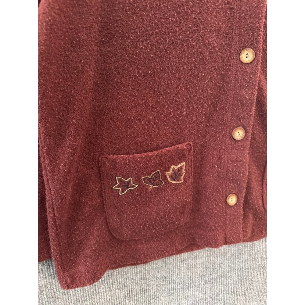 LL Bean Womens Burgundy Fleece Button Front Cardigan Leaf Embroidery Size M - Picture 3 of 6